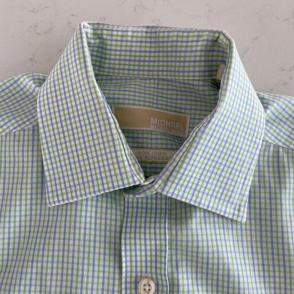 Michael Kors LS Non Iron Button Down Cotton Check Shirt Wht Blue Grn Sz 14.5 - Picture 3 of 15